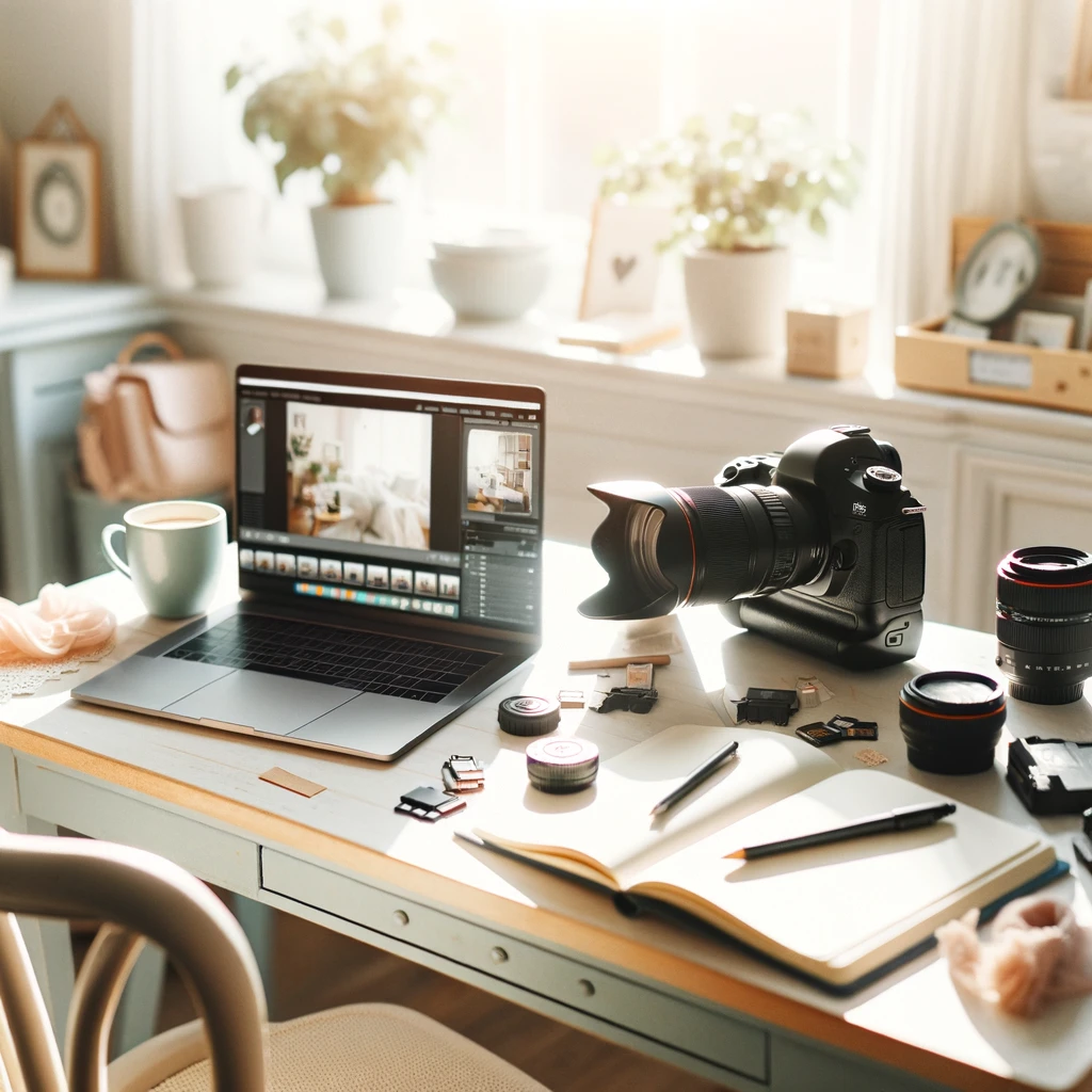 Picture of a photographers cluttered desk