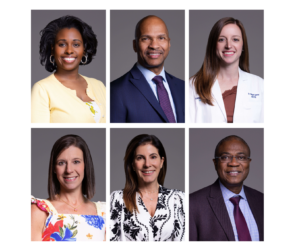 A collage of six professionally dressed adults, three men and three women, posing for individual portraits against a plain dark background. The women wear a mix of dresses and a white coat; the men wear suits and ties.