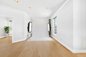 A photography backdrop with two softbox lights is set up in a bright room with white walls, wooden floors, and a large window. An adjacent room with a potted plant is partially visible on the left.